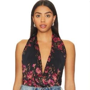 NWT FREE PEOPLE Women’s Black and Pink Floral Tie Back Bodysuit large